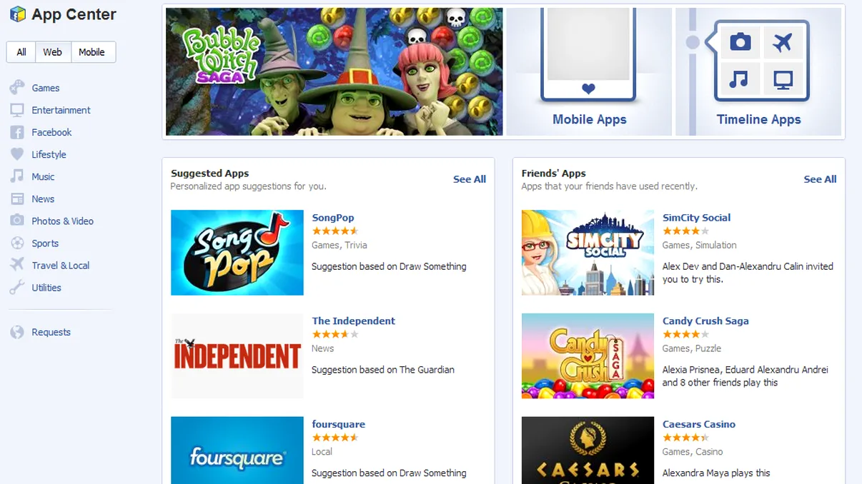 Facebook ordoneaza aplicatiile in App Center
