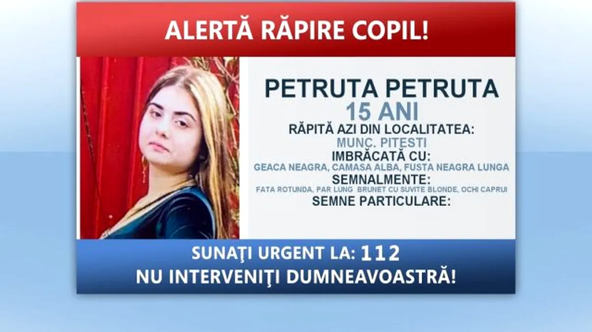 O minoră a fost luată cu forța din Pitești.  Fata de 15 ani a fost găsită