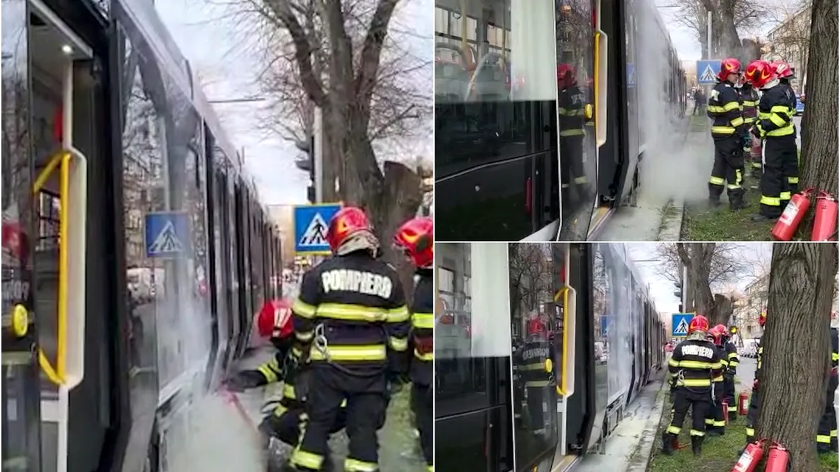 Un tramvai plin cu oameni a luat foc în mers, în centrul Timișoarei. Degajări de fum, au intervenit pompierii VIDEO