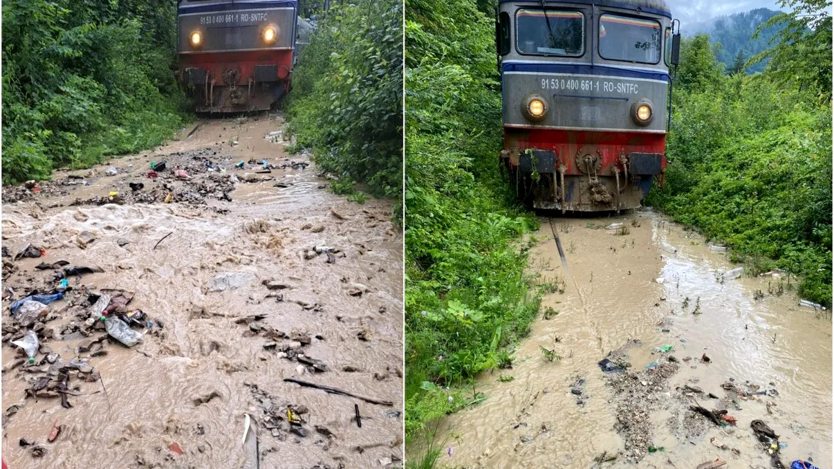 Două trenuri CFR au rămas blocate din cauza aluviunilor. Imaginile groazei