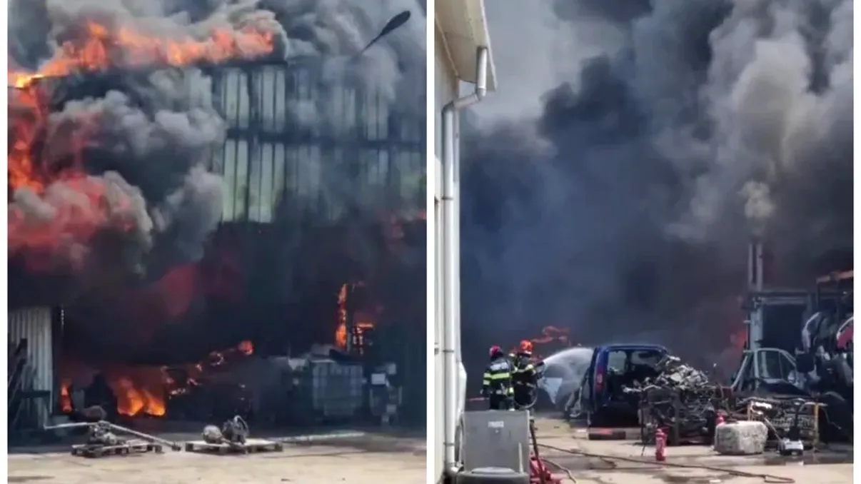 Incendiu puternic în Caracal. Un bărbat a fost rănit. Video 