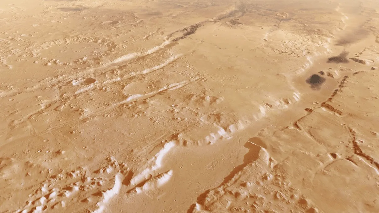 Zboară deasupra tranșeelor uimitoare de pe Marte, în această reconstrucție a Planetei Roșii VIDEO