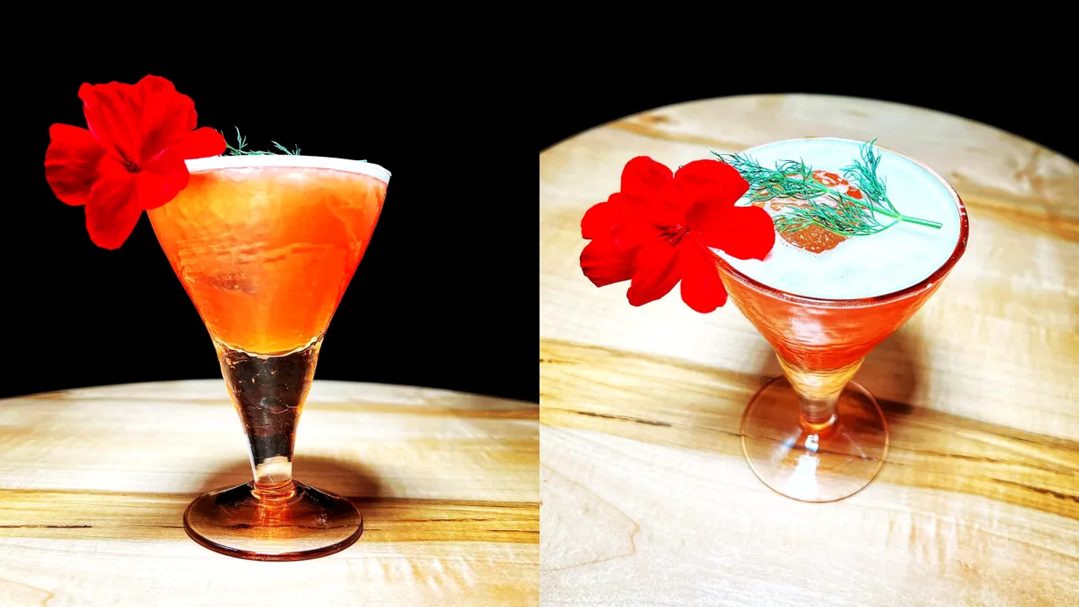 Cum faci un cocktail original cu aquavit, Campari și lichior de trandafiri, un altfel de `sour` - Floral Compass