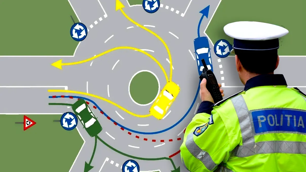 Circulația corectă în sensul giratoriu. Ce se întâmplă de virezi la stânga de pe banda din dreapta, conform Codului Rutier