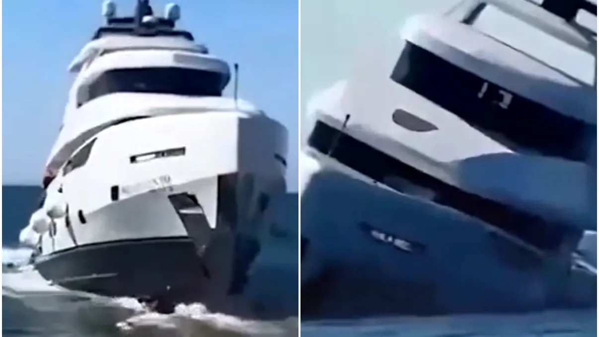 Momentul în care un iaht de 1 milion de dolari s-a scufundat la scurt timp după ce a fost lansat la apă. Pasagerii au sărit în apă pentru a se salva