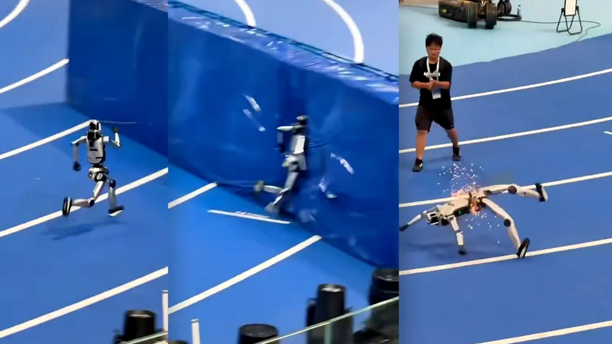 VIDEO | Robotul care a alergat atât de repede încât nu s-a mai putut opri. S-a făcut țăndări și a scos scântei după ce s-a izbit de un parapet la „Olimpiada roboților”