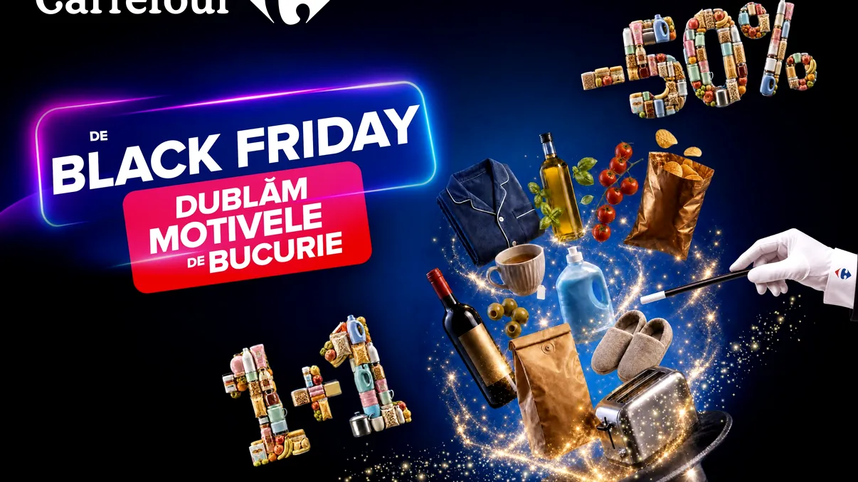 Black Friday pentru toată familia la Carrefour, mai repede decât crezi. Mașină de spălat la 999,99 lei, aspirator la 399,99 lei și sute de oferte 1+1 gratis și reduceri de 50%