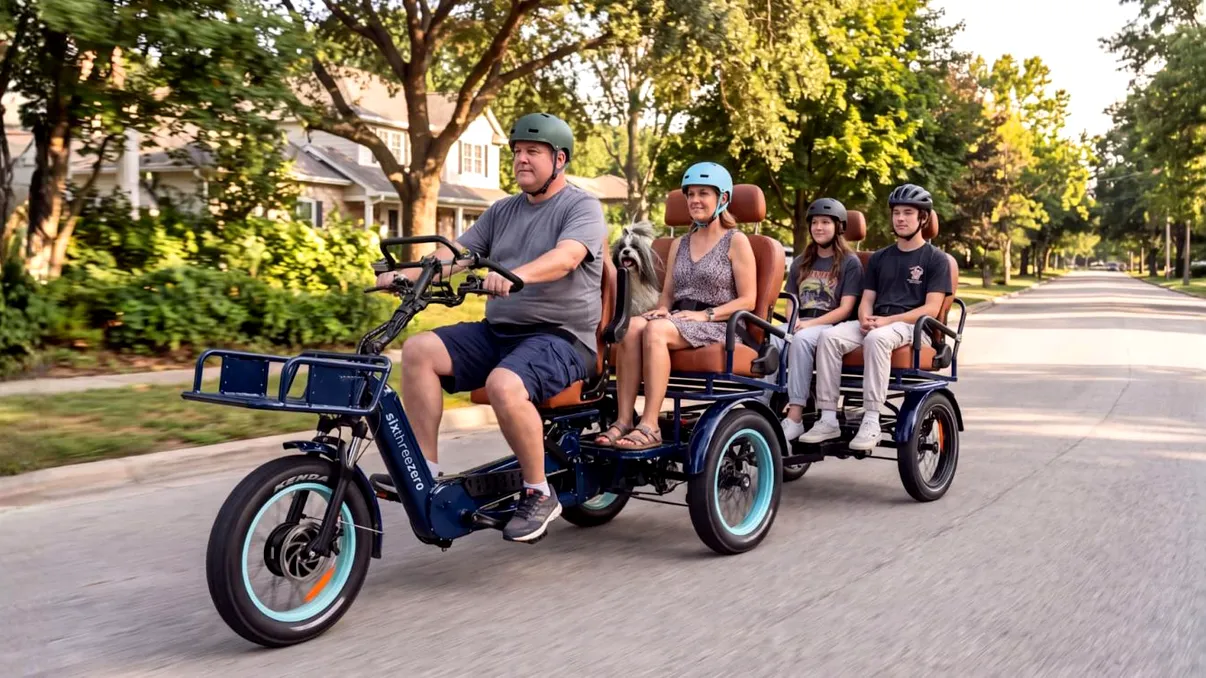 Bicicleta electrică de aproape 7.000 de euro care poate transporta șapte persoane. Are o baterie cât zece biciclete obișnuite și autonomie de 193 km