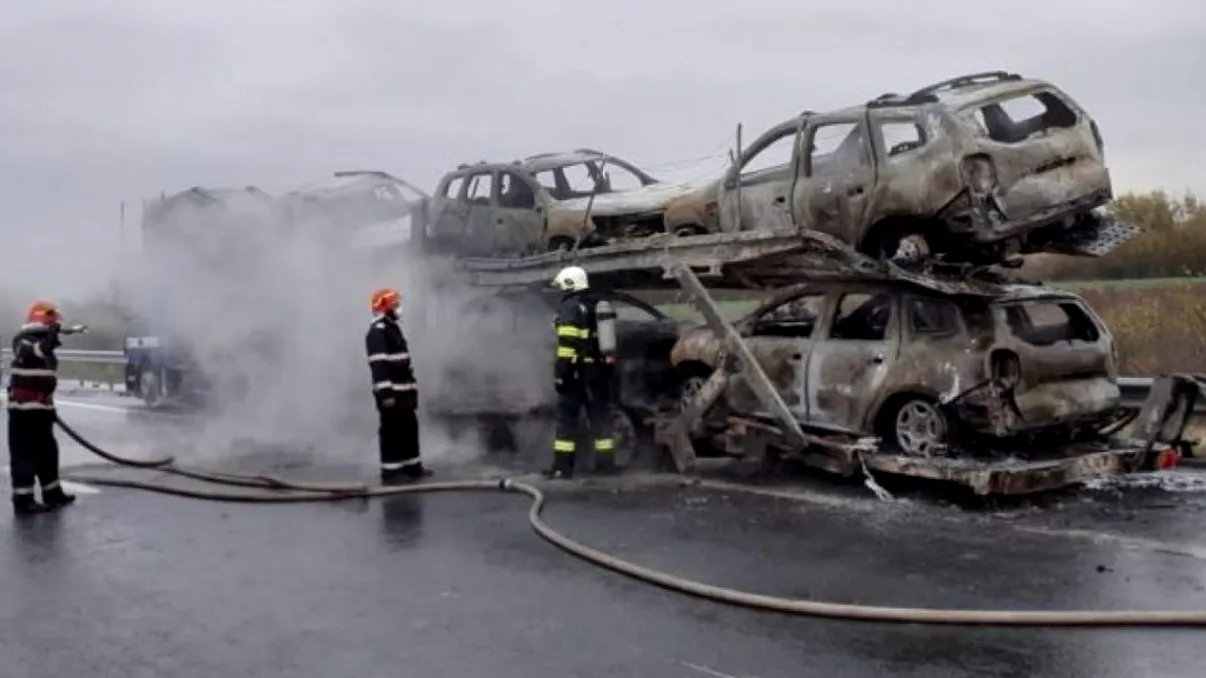 Mai multe mașini au luat foc pe A1. Cum a fost posibil așa ceva