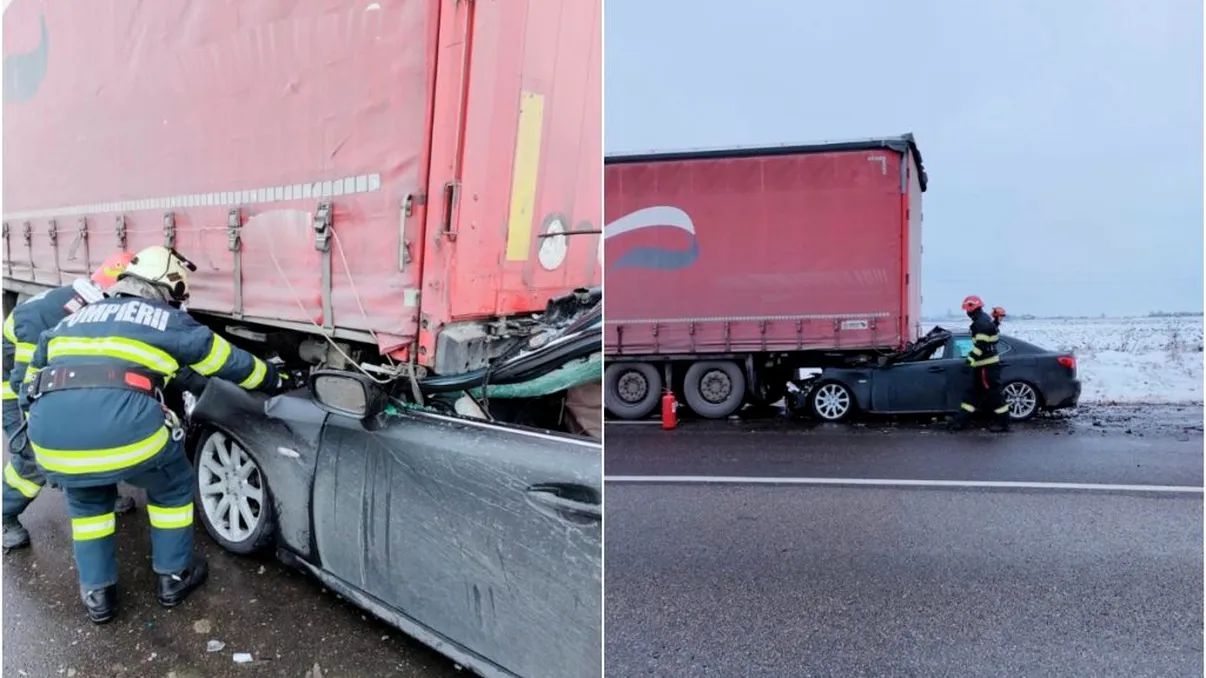Accident cumplit în Suceava, după ce un autoturism a intrat într-un TIR. Șoferul mașinii a fost transportat la spital cu multiple leziuni