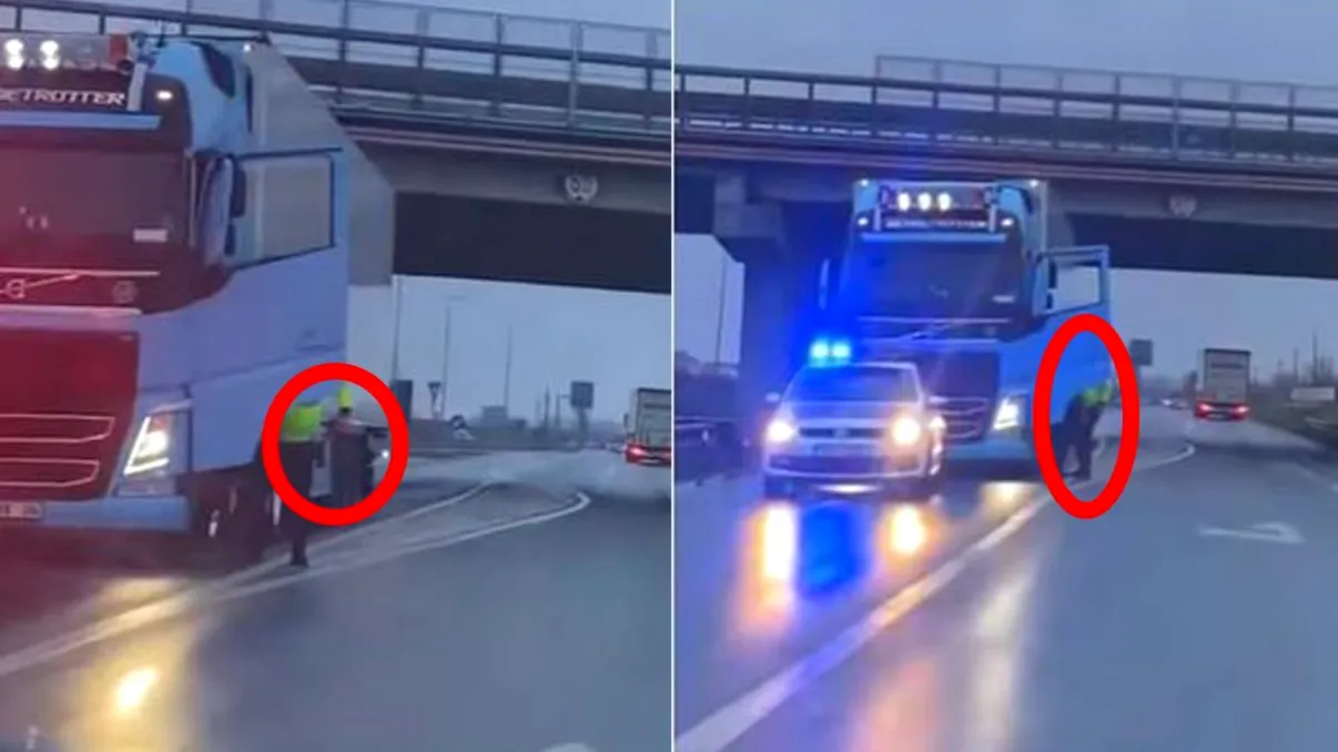 Imagini de groază surprinse pe autostrada Deva-Nădlac. Polițist, filmat în timp ce amenință cu pistolul un șofer de TIR. Video