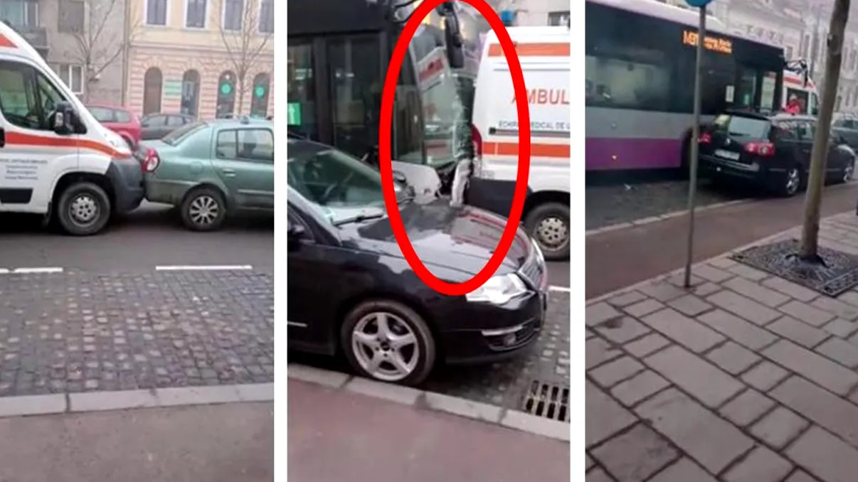 Accident în lanț în Cluj-Napoca. O ambulanță și un autobuz, printre cele 6 vehicule implicate. Video
