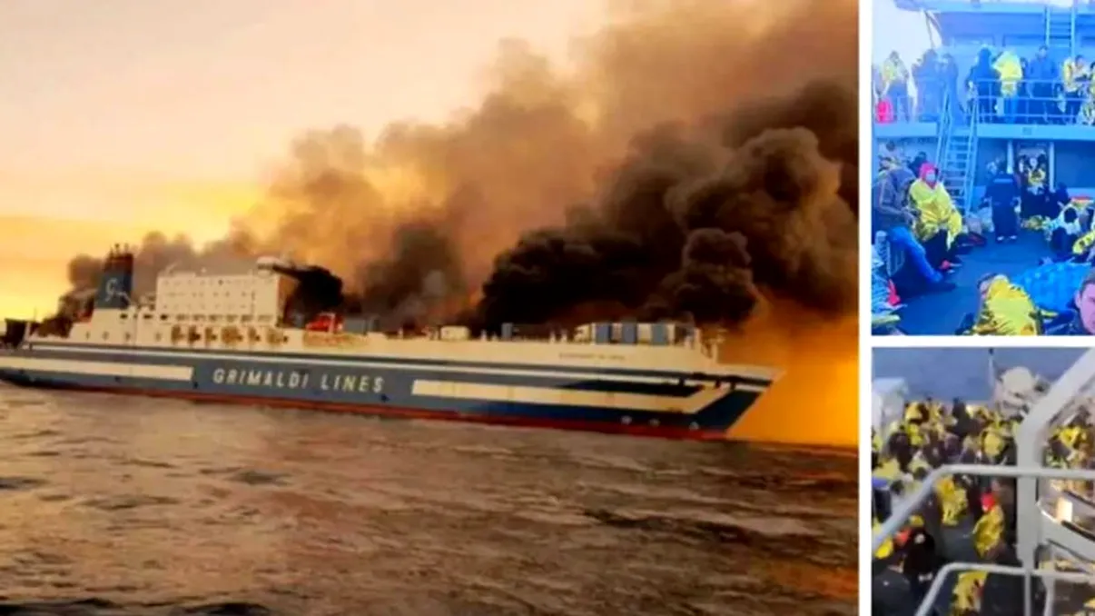 Tragedie imensă pe Marea Mediterană. Un feribot cu 288 de pasageri la bord, printre care și 29 de români, a fost cuprins de flăcări. Trei nave ale Gărzii de Coastă au intervenit de urgență. Video