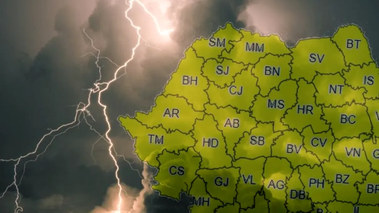 Cod galben astăzi în România. Alerta dată de meteorologi, care sunt județele lovite de furtuni