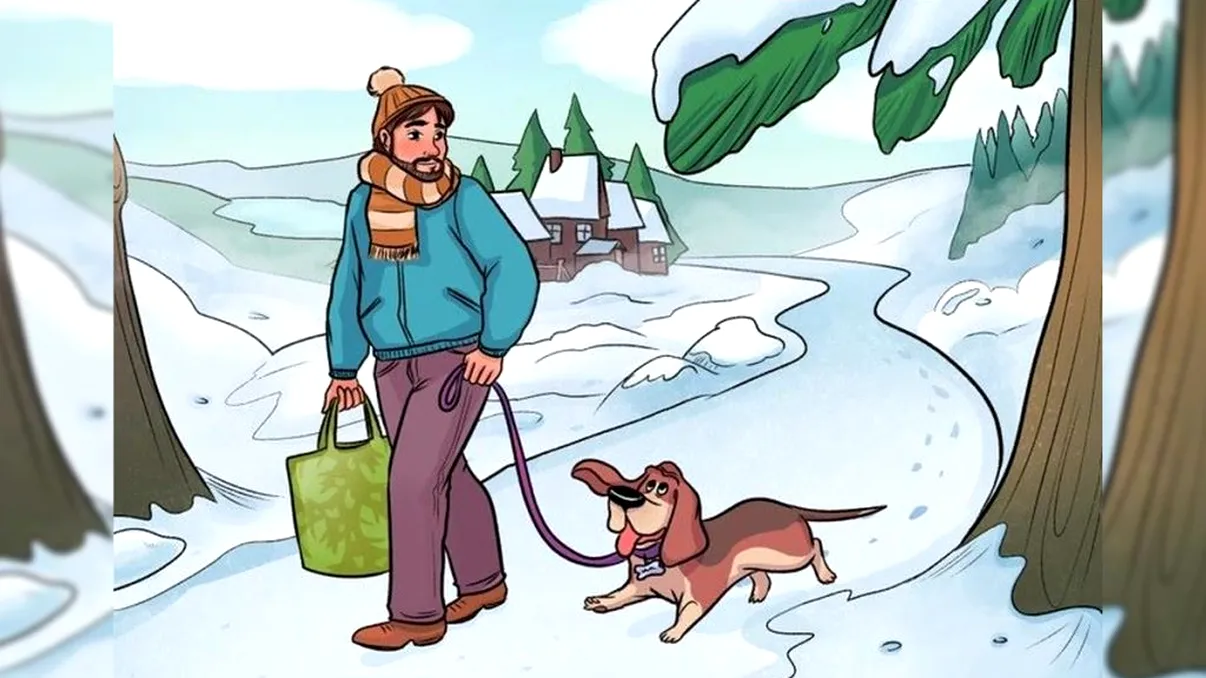 Test de atenție pentru iarnă. Găsește greșeala din imaginea unde un bărbat își plimbă câinele prin zăpadă