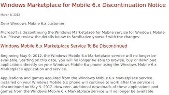Marketplace-ul pentru Windows Mobile 6 se inchide