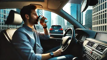 Apă și cafea la volan, cât de ilegal este gestul foarte comun printre șoferii români. Sancțiunile prevăzute în Codul Rutier