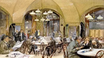 Cafeneaua Fialkowsky, una dintre cele mai renumite cafenele ale Bucureștiului antebelic. Actorul Ștefan Iulian și poetul Macedonski frecventau localul unde „vinul era amestecat cu vorbe de spirit”