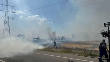 Incendiu de vegetație uriaș în județul Dolj. Ard 80 de hectare, traficul a fost deviat din cauza fumului dens