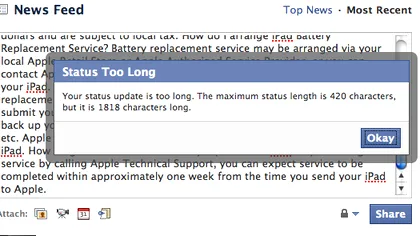 Facebook are o noua limita de caractere la status