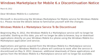 Marketplace-ul pentru Windows Mobile 6 se inchide