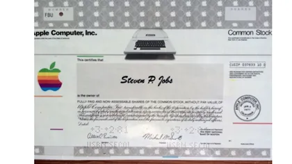 Certificatul de acționar Apple cu numele lui Steve Jobs valorează o avere