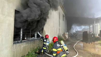 Incendiu de proporții la o hală de depozitare, în Mureș. Localnicii au primit RO-Alert. Două persoane au fost intoxicate cu fum