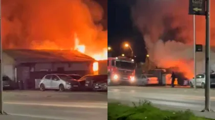 Incendiu violent în Domnești, lângă București: un pompier a fost rănit și o persoană, intoxicată cu fum. Trafic restricționat, flăcări uriașe în zona comercială VIDEO