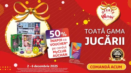 Până pe 6 decembrie, la toată gama de jucării din Auchan primești 50% bani înapoi sub formă de voucher pe cardul de fidelitate