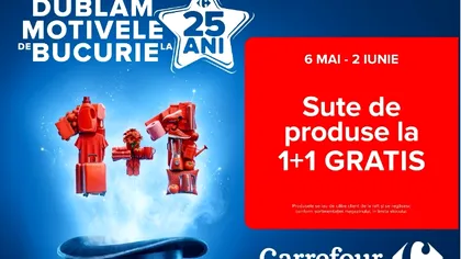 Carrefour aniversează 25 de ani în România cu reduceri care îți vor atrage, cu siguranță, atenția: produse 1+1 gratis, reduceri de 50%, dar și SUV-uri Volkswagen puse la bătaie pentru cei mai norocoși cumpărători
