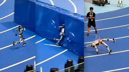 VIDEO | Robotul care a alergat atât de repede încât nu s-a mai putut opri. S-a făcut țăndări și a scos scântei după ce s-a izbit de un parapet la „Olimpiada roboților”