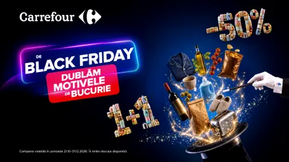 Black Friday pentru toată familia la Carrefour, mai repede decât crezi. Mașină de spălat la 999,99 lei, aspirator la 399,99 lei și sute de oferte 1+1 gratis și reduceri de 50%