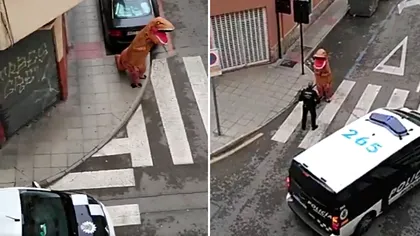 A fugit din carantină deghizat în dinozaurul T-Rex! Ce au descoperit polițiștii