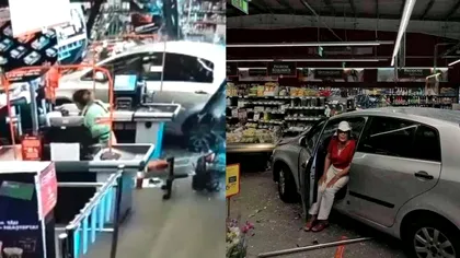 Să vezi și să nu crezi! O șoferiță în vârstă de 77 de ani a intrat cu mașina într-un Mega-Image. Camerele de supraveghere au surprins tot
