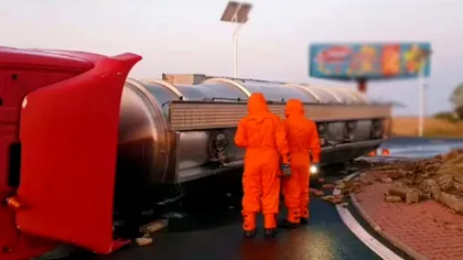 Pericol uriaș de explozie lângă Buzău. Trafic blocat pe DN2, după ce o cisternă încărcată cu 24 de tone de substanță pericoloasă s-a răsturnat