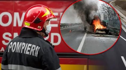 Circulație oprită pe A1, pe ambele sensuri, la km 90. Un autoturism a luat foc în mers