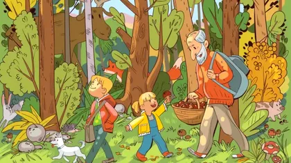 Bunicul şi nepoţii au plecat în pădure. Tu poţi vedea toate obiectele ascunse în imagine? Ai 30 de secunde!