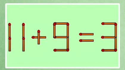 11+9=3, mută un singur băț pentru a corecta ecuația. Cei mai mulți adulți nu reușesc să facă asta în 20 de secunde