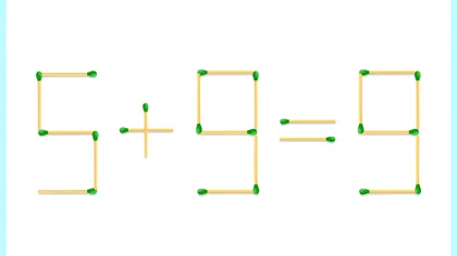 5+9=9 este o ecuație greșită, însă poți muta un băț de chibrit pentru a găsi rezultatul corect. Elevii de clasa a II-a au reușit în doar 7 secunde