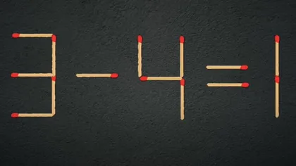 3-4=1 este o ecuație greșită, dar o poți corecta dacă muți un singur băț de chibrit. Elevii de clasa a II-a rezolvă problema în 7 secunde