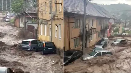 Inundații de proporții în Reșița, după o rupere de nori. Mai multe mașini au fost luate de ape și mai multe străzi afectate