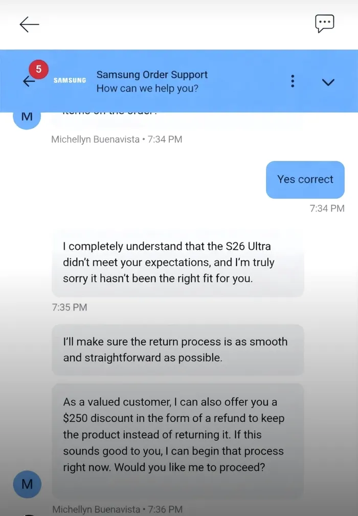 Interacțiunea cu o persoană de la suportul tehnic Samsung