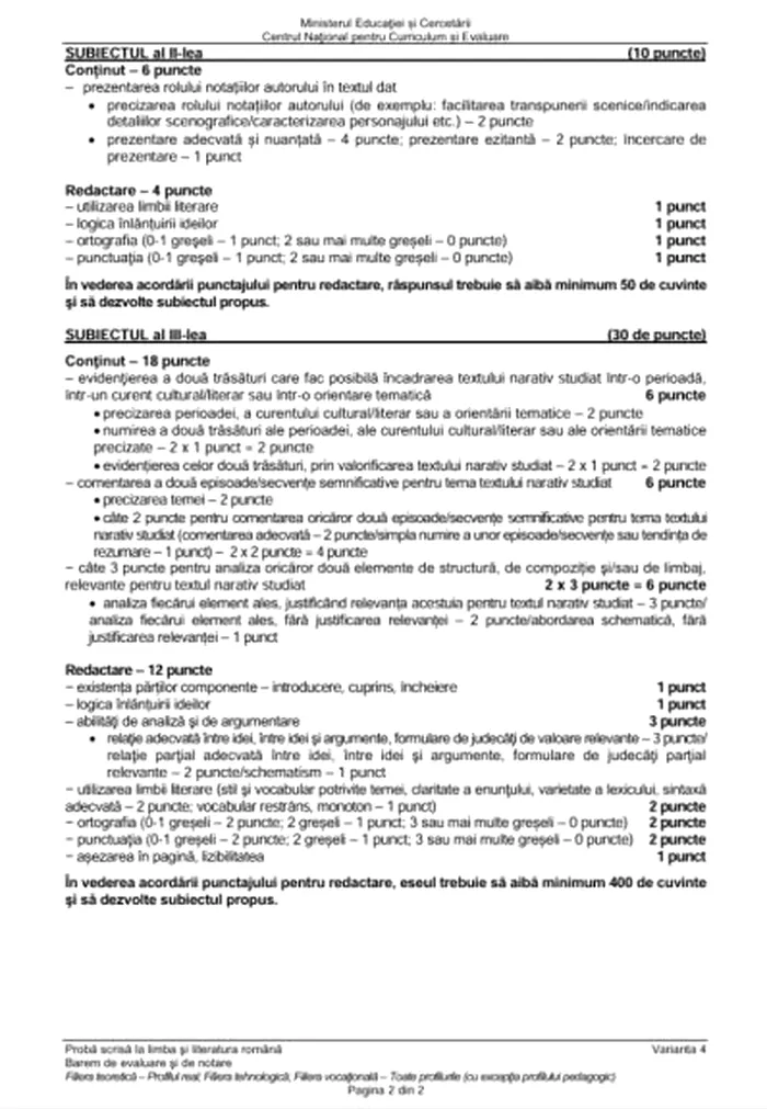 Barem de evaluare și notare la limba română, profil real
