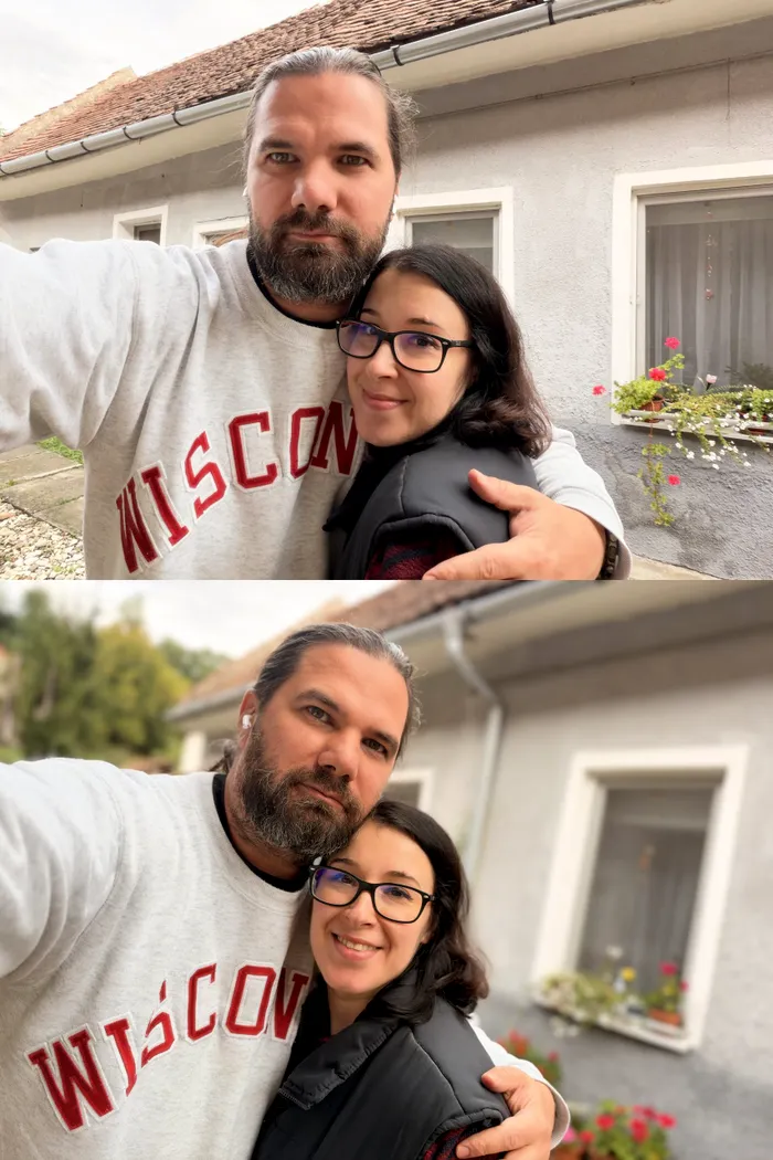 Selfie cu iPhone 18 Pro - sus cu camera frontală, jos cu camera principală