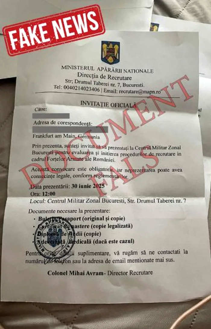 Ministerul Apărării Naționale va sesiza cu celeritate autoritățile judiciare, pentru identificarea autorilor acestei acțiuni de dezinformare 