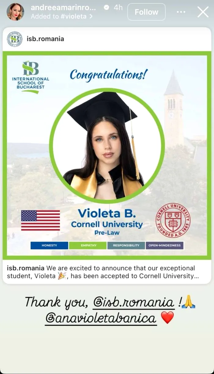 Andreea Marin jubilează! Violeta tocmai a primit vestea cea mare, a intrat la o facultate de prestigiu din SUA. Ce va studia fiica prezentatoarei