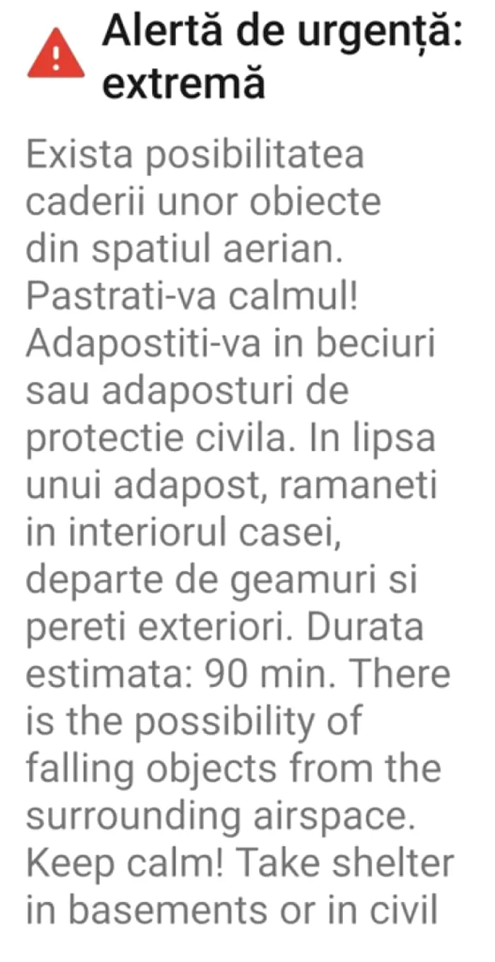Mesajul venit in miez de noapte: "Alerta extrema. Exista posibilitatea caderii unor obiecte din spatiul aerian ". Unde au fost indemnati sa se ascunda locuitorii din Galați, Tulcea și Brăila