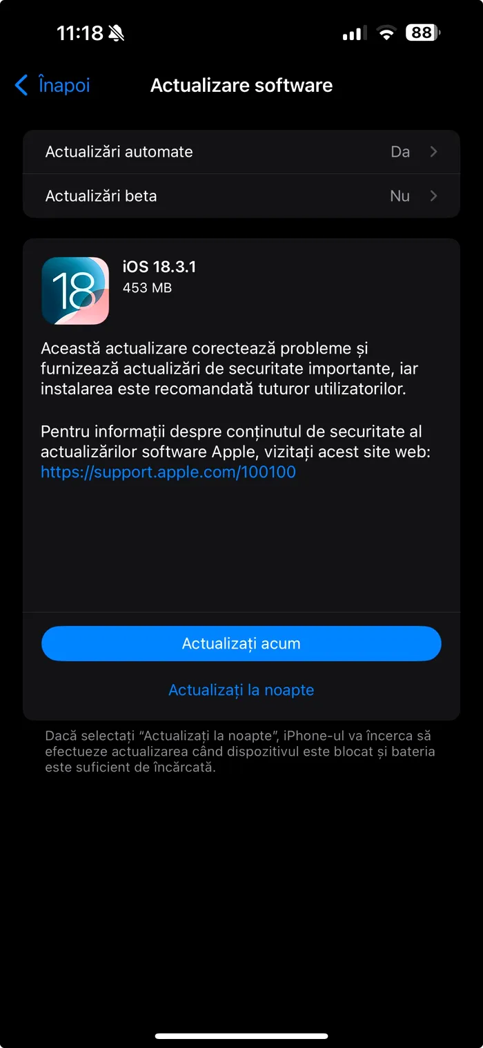 Actualizarea iOS 18.3.1, disponibilă pentru toți utilizatori / foto: captură Playtech