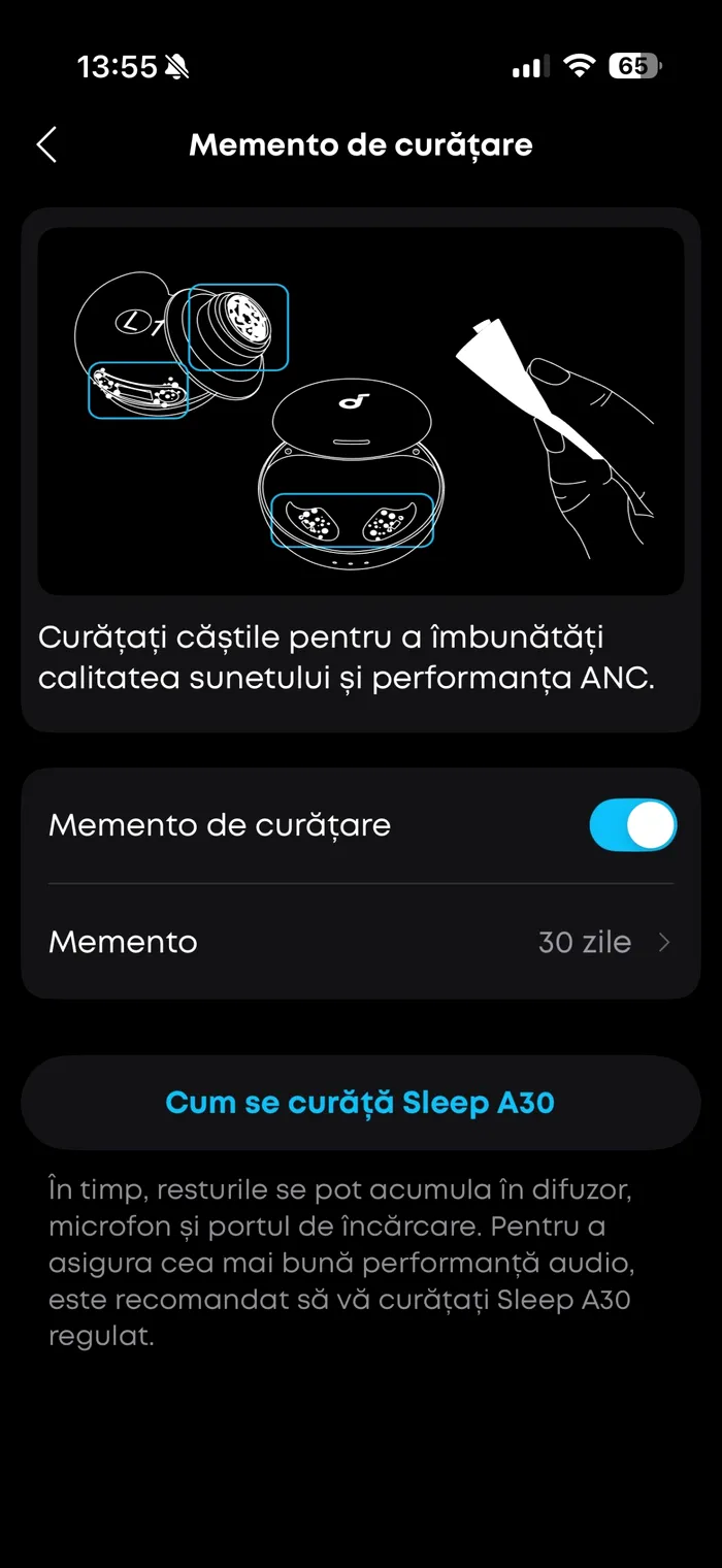 Ar fi bine să dedici un pic de timp ocazional să cureți căștile Anker Soundcore Sleep A30 pentru buna lor funcționare