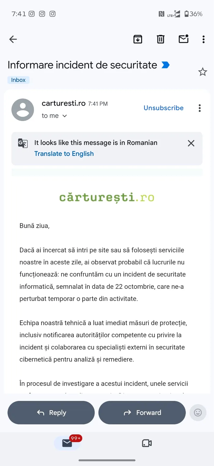 Mesajul de la Cărturești primit de clienți